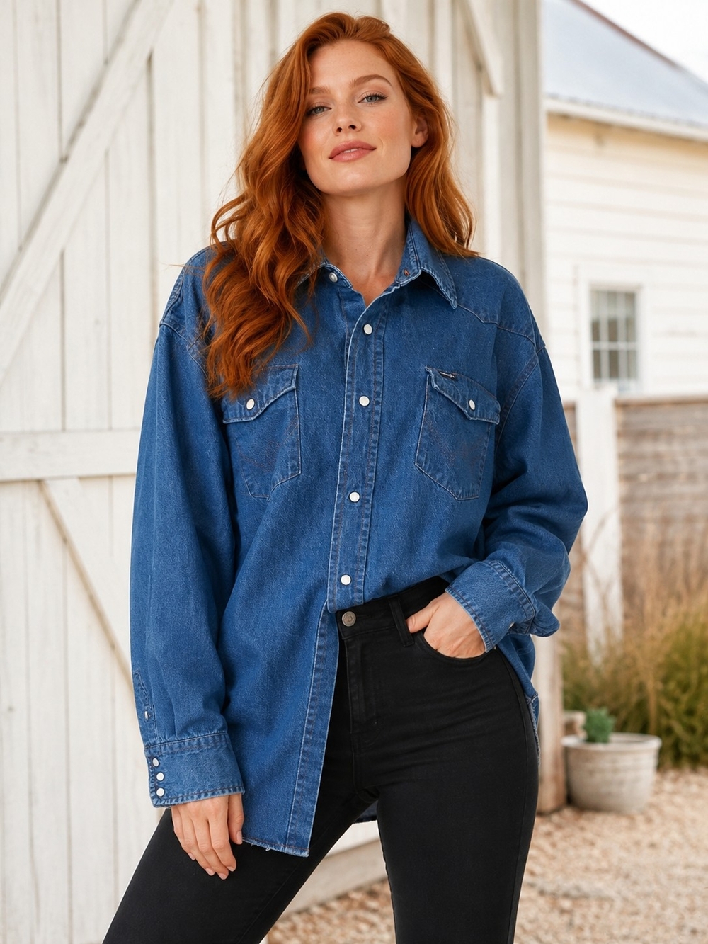 Wrangler💙GUC Dark Blue COTTON Denim Pearl Snap-Front & Cuffs Shirt Sz3XL 28"PTP